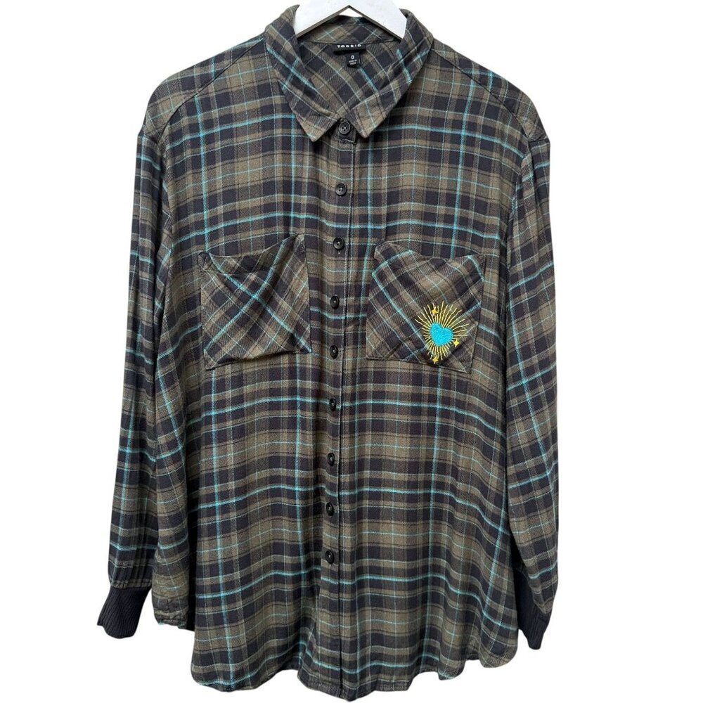 TORRID Flannel Shirt Large (Torrid 0) Olive Green Plaid Heart Long Sleeve Womens